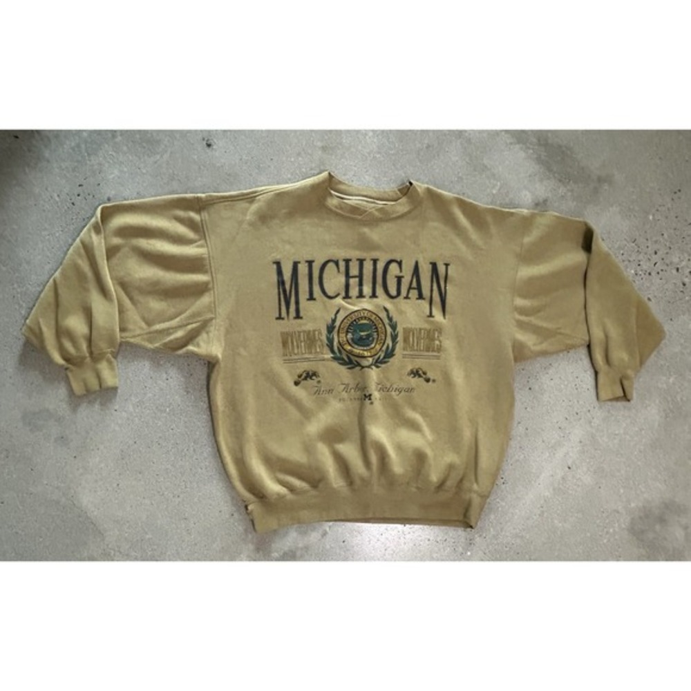 VTG Galt Crew Michigan Wolverines Football‎ Sweatshirt Khaki Green Brown Sz XL